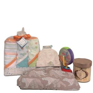 Gift package bundle for mom and baby. Bath towels hats blanket toy and candle